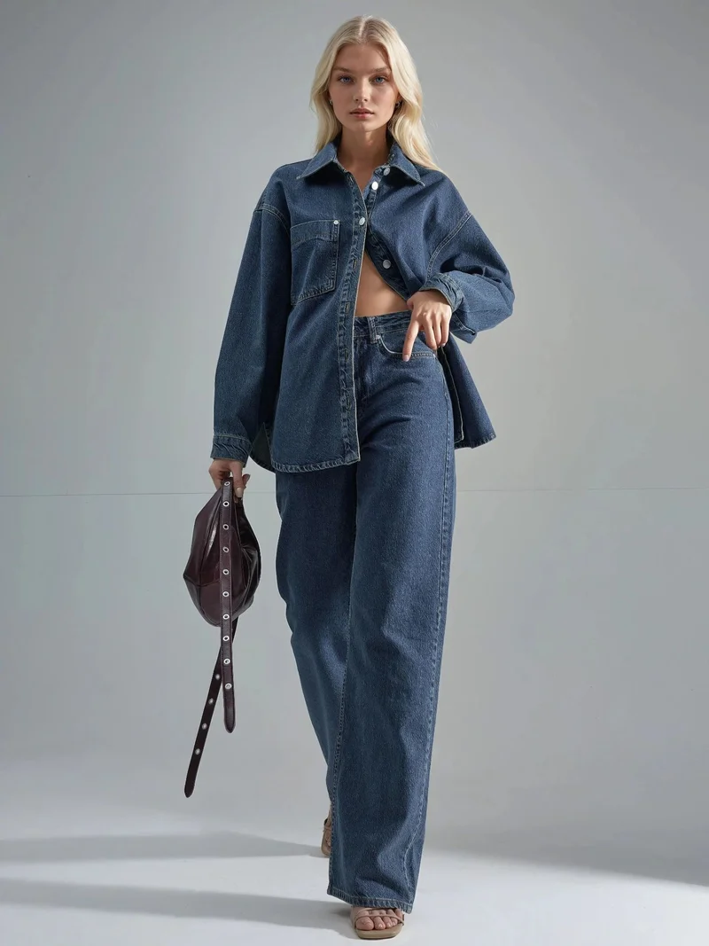 Hiccup Dark Blue Denim SQUALO Jacket and Jeans Denim Two-Piece for Women | Best Price UAE
